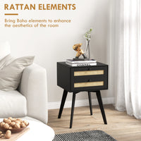 Boho Night Stands Set of 2, Bedside Tables with 2 Rattan Drawers, Square End Tables for Bedroom, Living Room