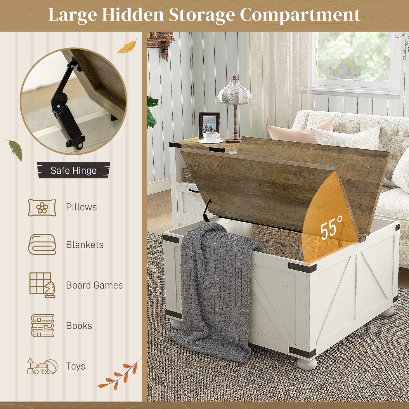 Farmhouse Coffee Table, Square Center Table with Flip-top Lids, Hidden Storage Compartment and Wooden Legs, Antique White