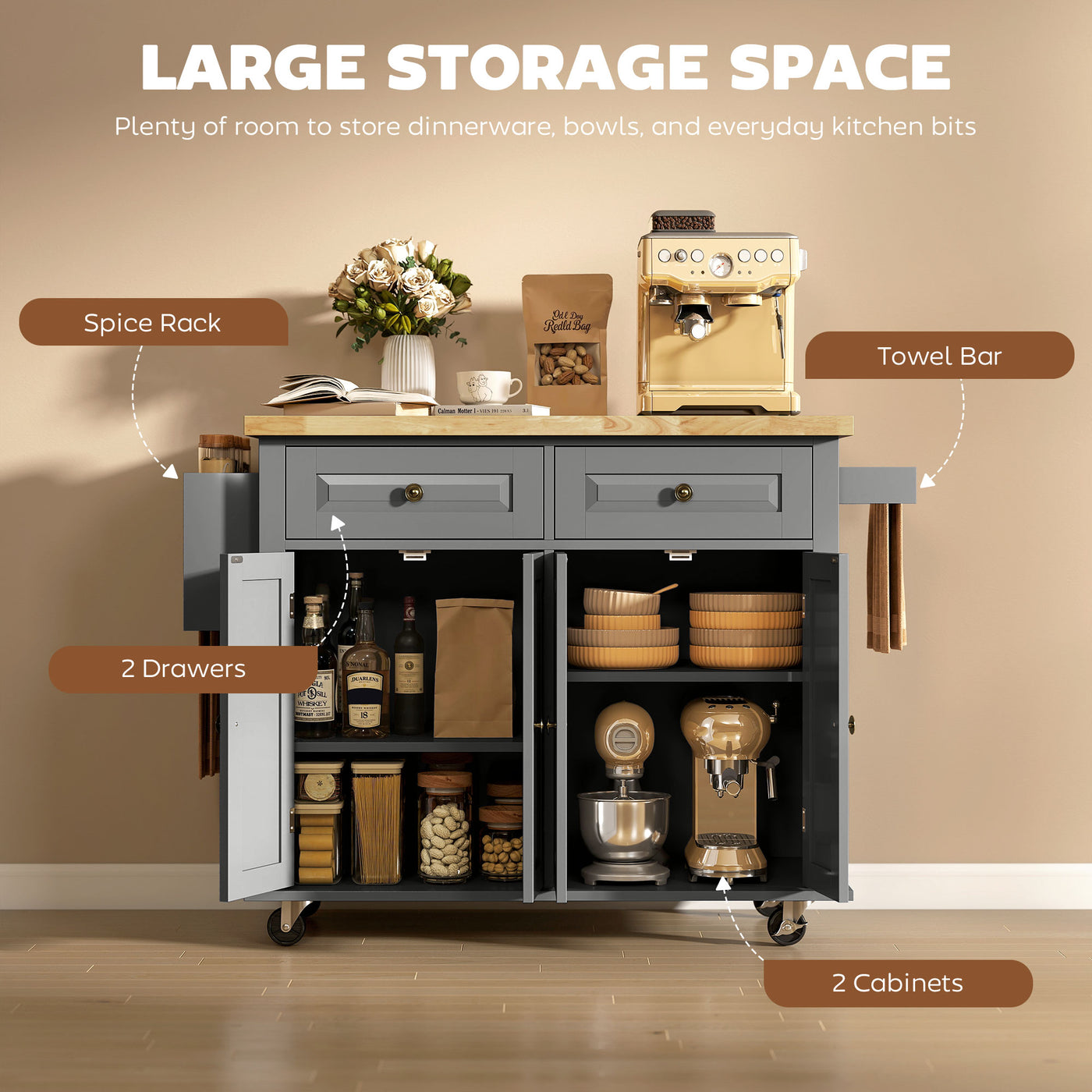 Kitchen Island with Storage, Rolling Trolley Cart with Rubber Wood Top, Spice Rack, Towel Rack, 2 Locking Brakes,Grey