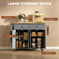 Kitchen Island with Storage, Rolling Trolley Cart with Rubber Wood Top, Spice Rack, Towel Rack, 2 Locking Brakes,Grey