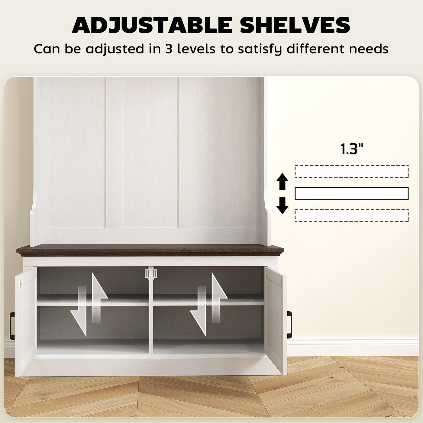 3-in-1 Hall Tree with Bench, Coat Rack with Shoe Storage, White Wood Grain