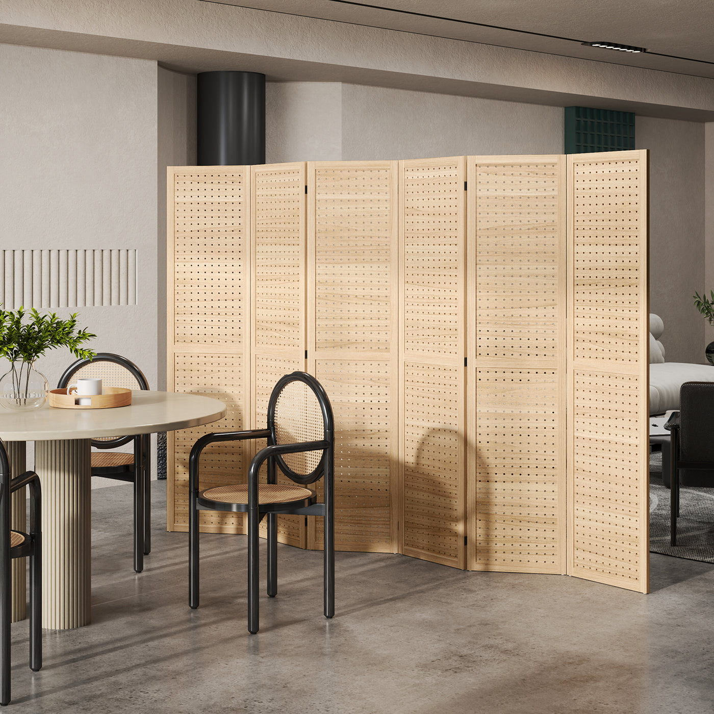 5.6 Ft. Tall 6-Panel Room Divider, Pegboard Panel Freestanding Folding Privacy Screen Panels, Partition Wall Divider for Indoor Bedroom Office, Natural