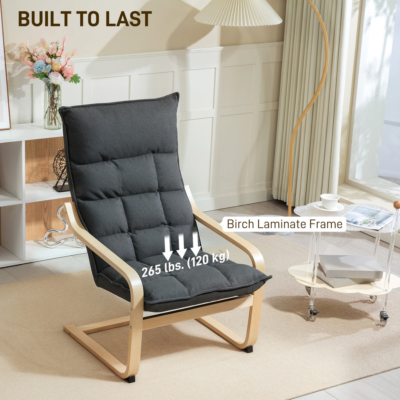 Modern Armchair, Upholstered Accent Chair with Curved Leg and Arm, Leisure Lounge Chair for Living Room, Dark Grey