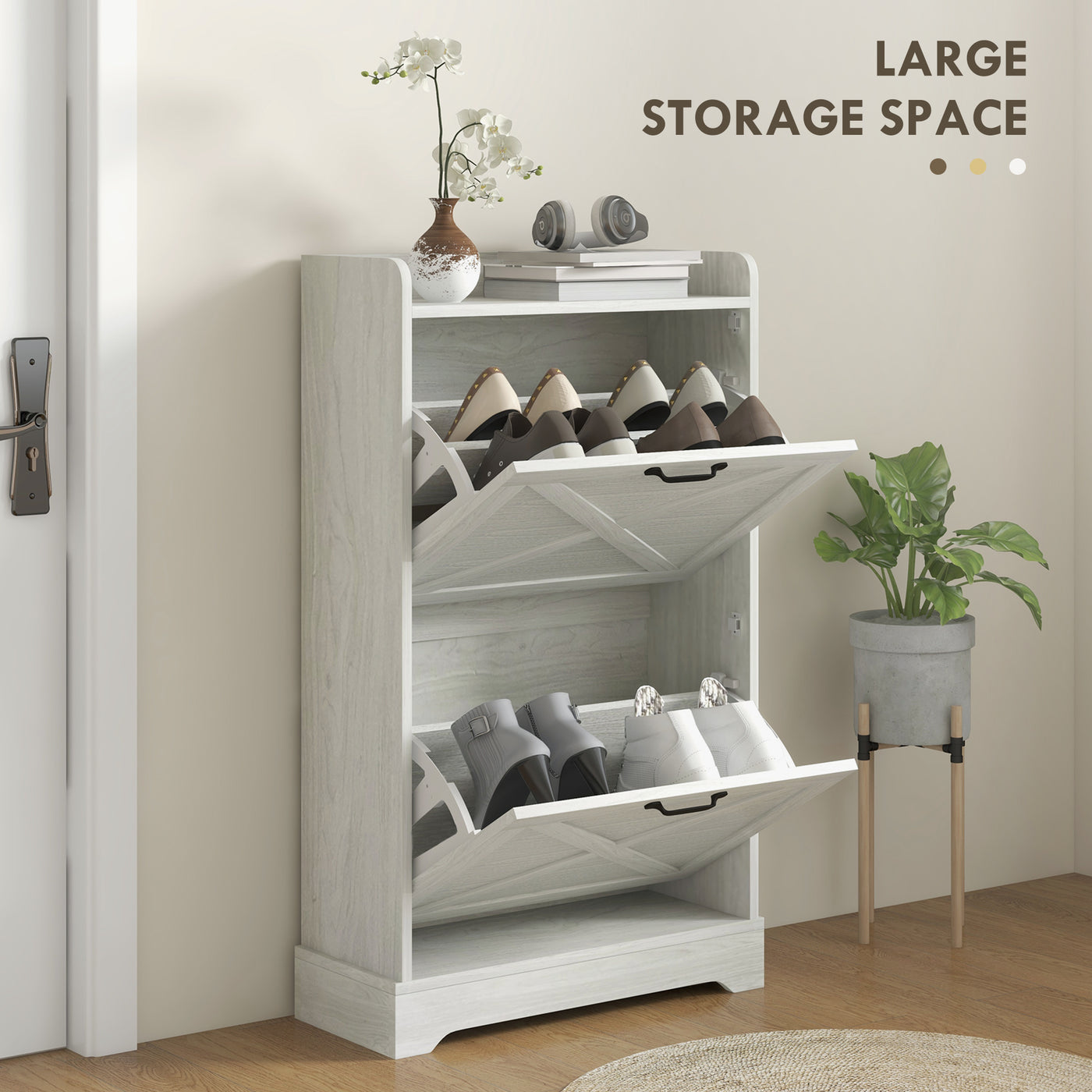 Slim Shoe Storage Cabinet, Farmhouse Shoe Cabinet with 2 Flip Drawers, Adjustable Shelves for 8 Pairs, Distressed White