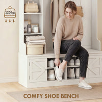 Hall Tree with Bench and Shoe Storage, Entryway Bench with Coat Rack, 12 Shelves, 2 Cabinets, 5 Hooks, White Wood Grain