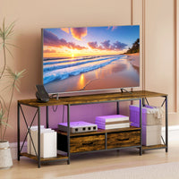 Industrial TV Stand for up to 55 Inch TV, TV Console with Charging Station and RGB LED Lights, Rustic Brown