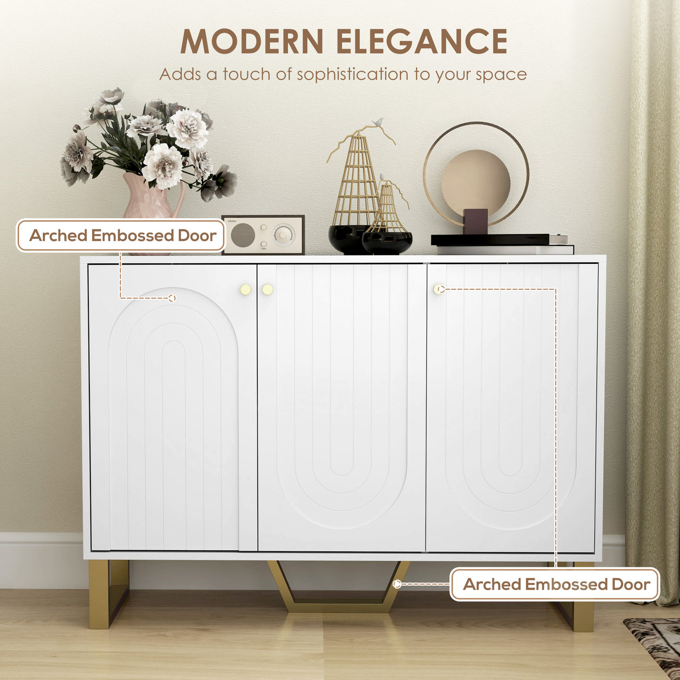 Sideboard Buffet Cabinet with 3 Doors, Modern Storage Cabinet with Adjustable Shelves & Center Leg, White