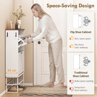 Narrow Shoe Storage Cabinet with 2 Flip Drawers, Slim Shoe Cabinet for 15-20 Pairs, White Wood Grain