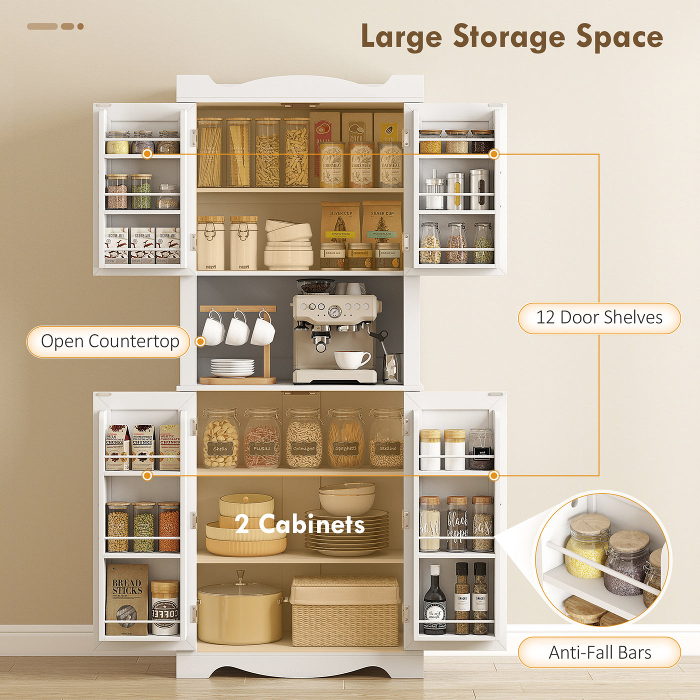 73" Kitchen Pantry Cabinet, Freestanding Kitchen Hutch with 12 Door Shelves, Adjustable Shelves, Microwave Stand, White