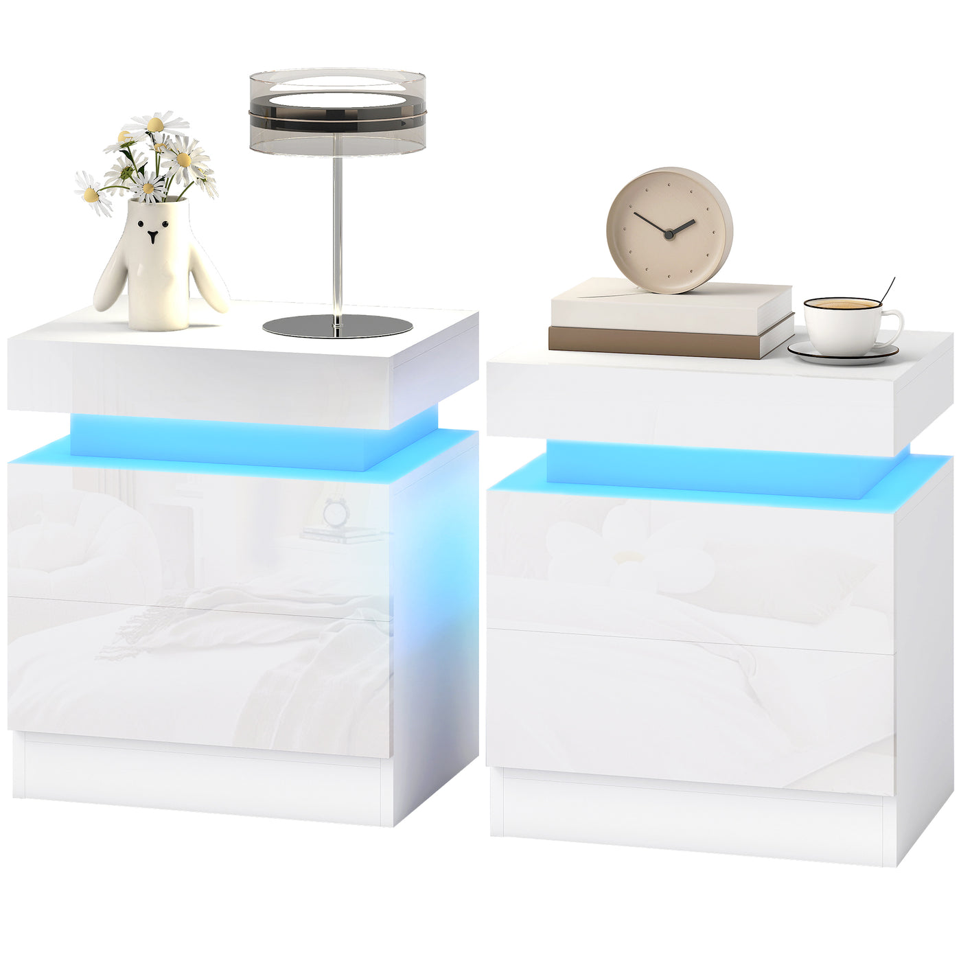 Nightstand Set of 2, End Side Tables with LED Lights, Bedside Tables with 2 Drawers, for Bedroom, White