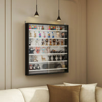 7-Tier Display Cabinet, Shot Glass Display Case, Glass Curio Cabinet with Glass Doors, Black and White