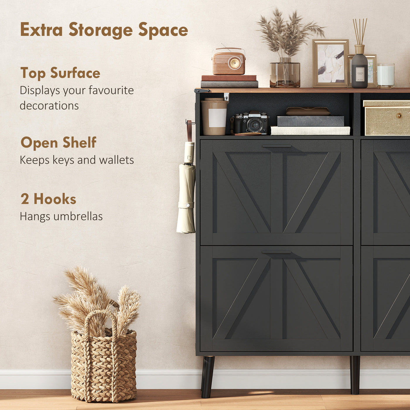 Shoe Storage Cabinet with 4 Flip Drawers, Farmhouse Narrow Shoe Cabinet, Holds Up to 24 Pairs, Black