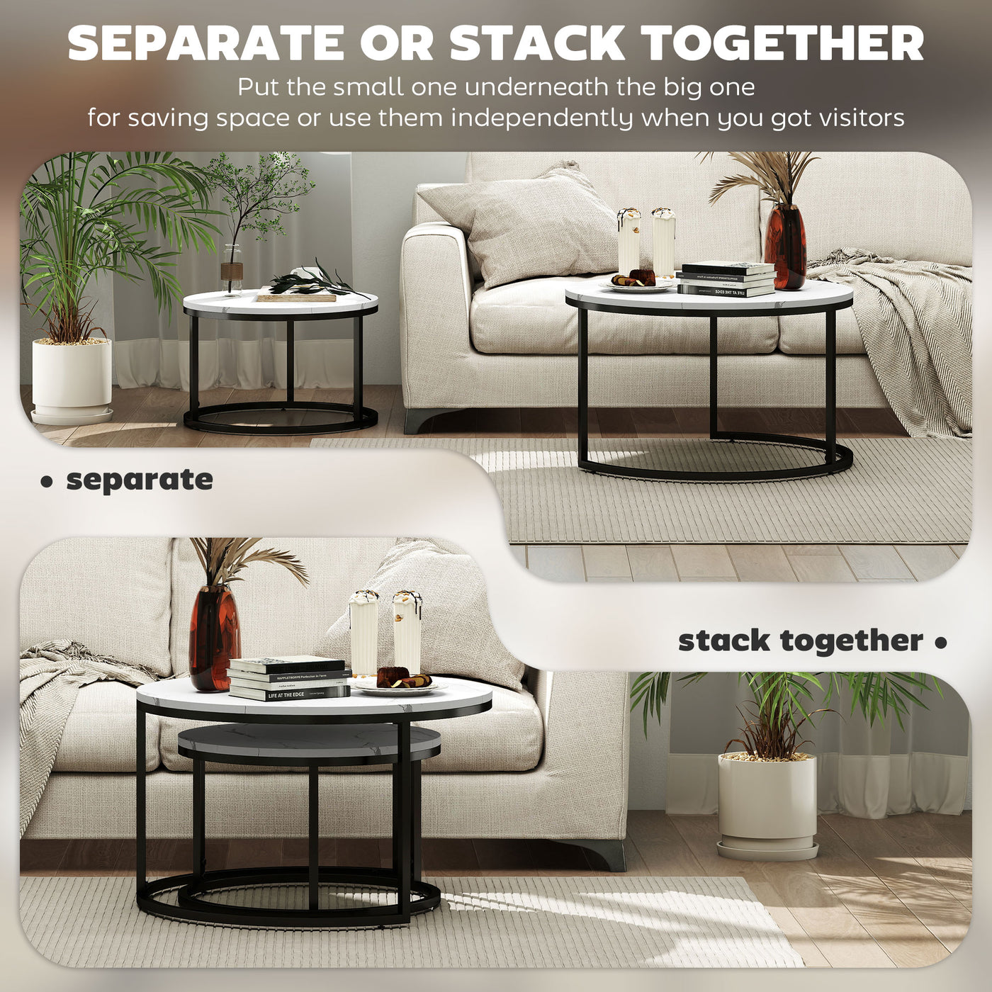 Modern Coffee Table Set of 2, Nesting Side Tables w/ Metal Base for Living Room Bedroom Office Faux Marbled White