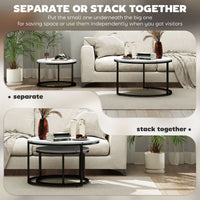 Modern Coffee Table Set of 2, Nesting Side Tables w/ Metal Base for Living Room Bedroom Office Faux Marbled White