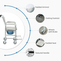 3-in-1 Shower Commode Wheelchair, Transport Beside Commode Chair with Padded Seat for the Elderly, Disabled