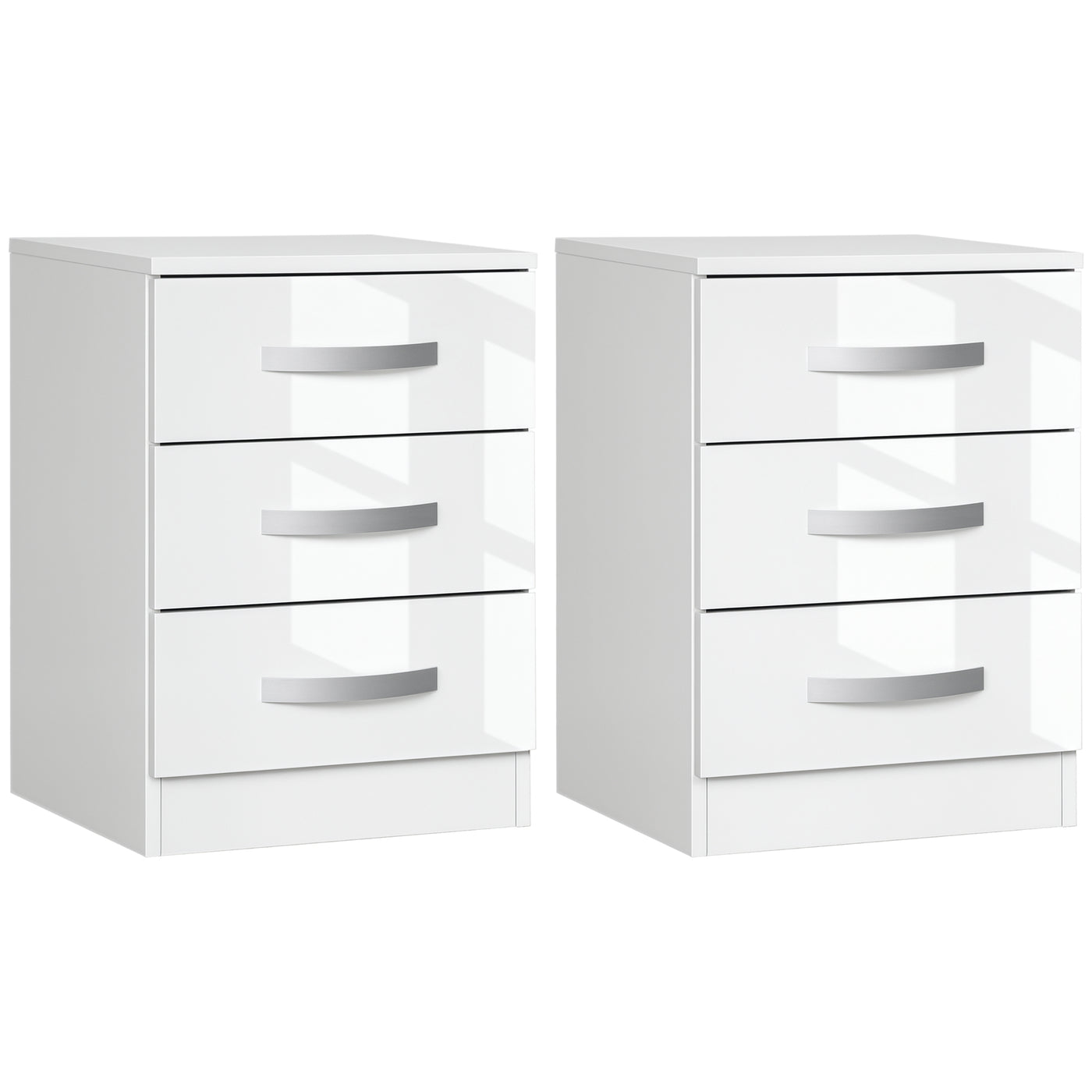 Modern Nightstand Set of 2, Bedside Tables with 3 High Gloss Drawers for Bedroom, White