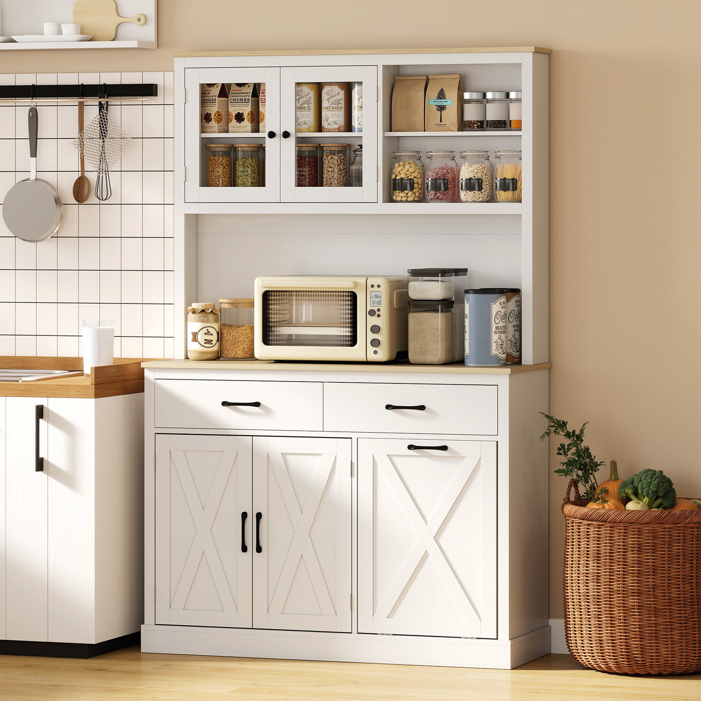 69" Kitchen Pantry Cabinet with Charging Station Kitchen Cabinet with Microwave Stand 7 Gallon Trash Can Cabinet White