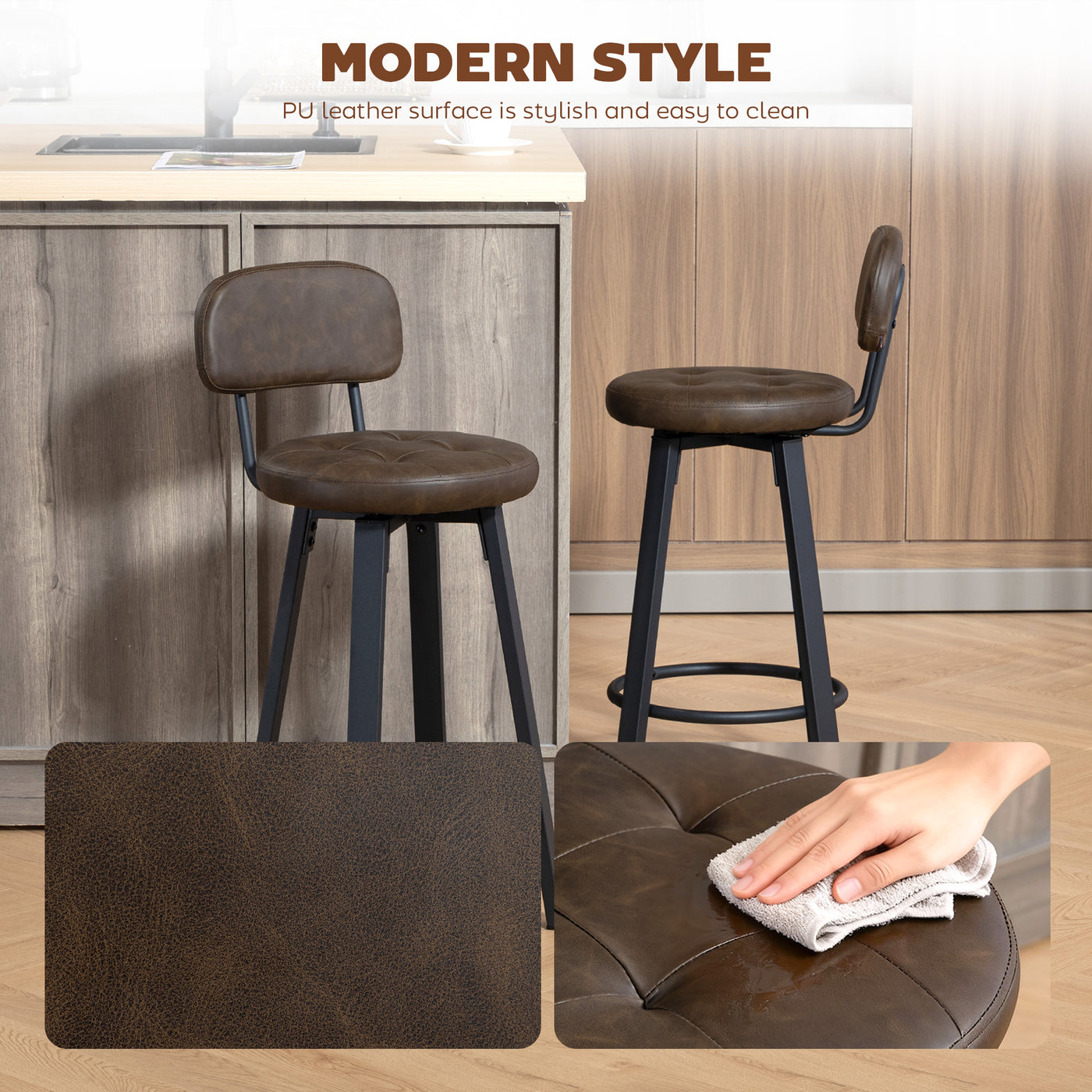Bar Stools Set of 2, Upholstered Breakfast Bar Chairs with Footrest and Backrest for Kitchen Counter, Brown