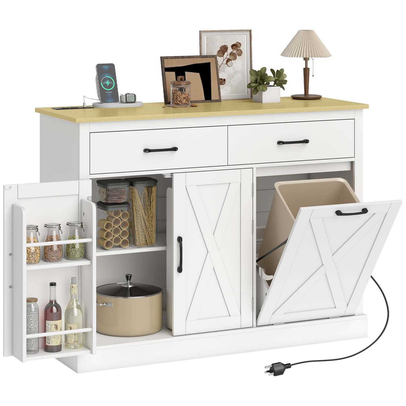 7 Gallon Tilt Out Garbage Cabinet, Kitchen Island with Charging Station, 2 Drawers, 4 Door Racks, White