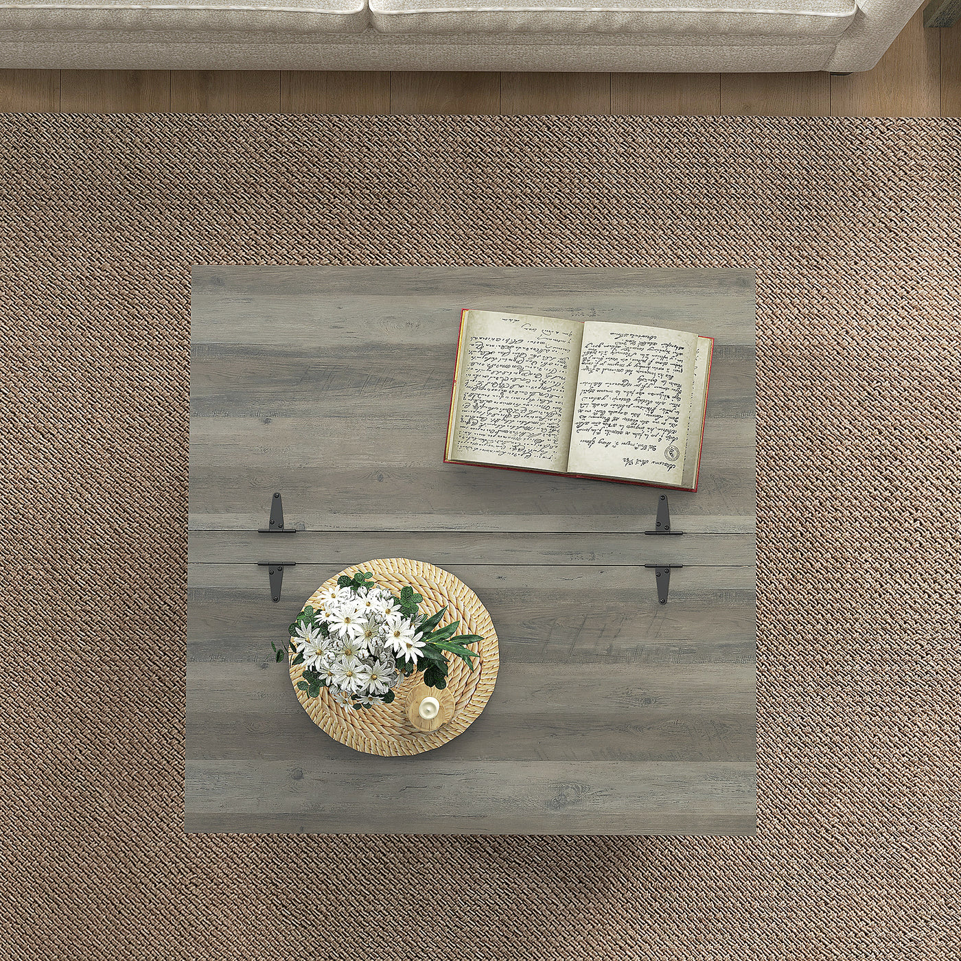 Farmhouse Coffee Table, Square Center Table with Flip-top Lids, Hidden Storage Compartment and Wooden Legs, Distressed Grey