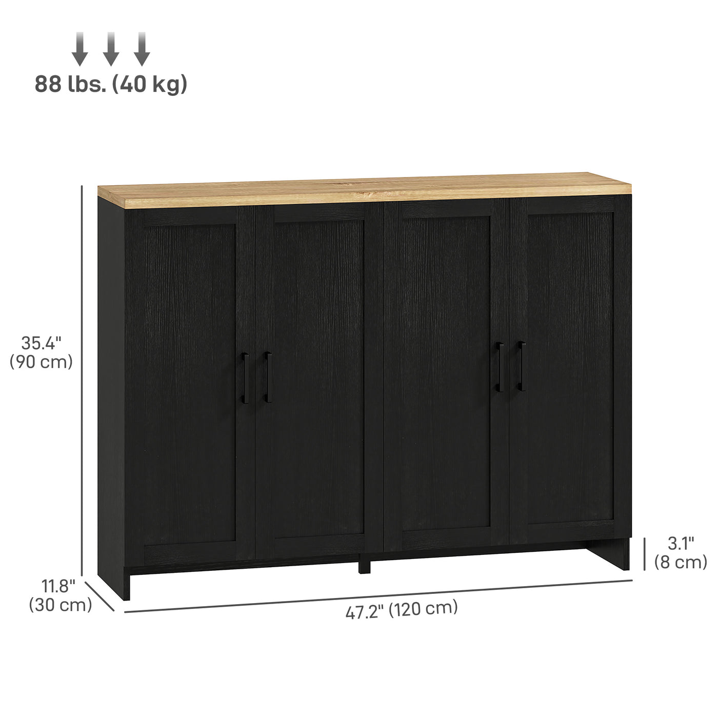 Modern Sideboard Buffet Cabinet, Modern Kitchen Storage Cabinet with 4 Doors Adjustable Shelves, for Dining Room, Black
