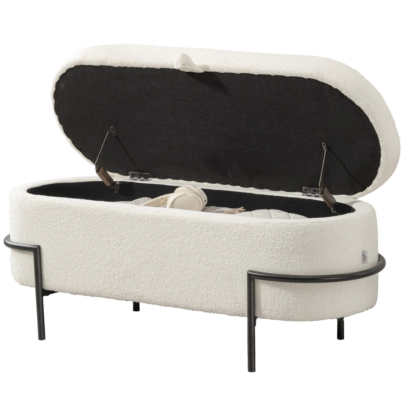 Storage Ottoman with Lift-Up Lid and Steel Legs, 45 Inches Sherpa Fleece Storage Chest for Living Room, Cream White