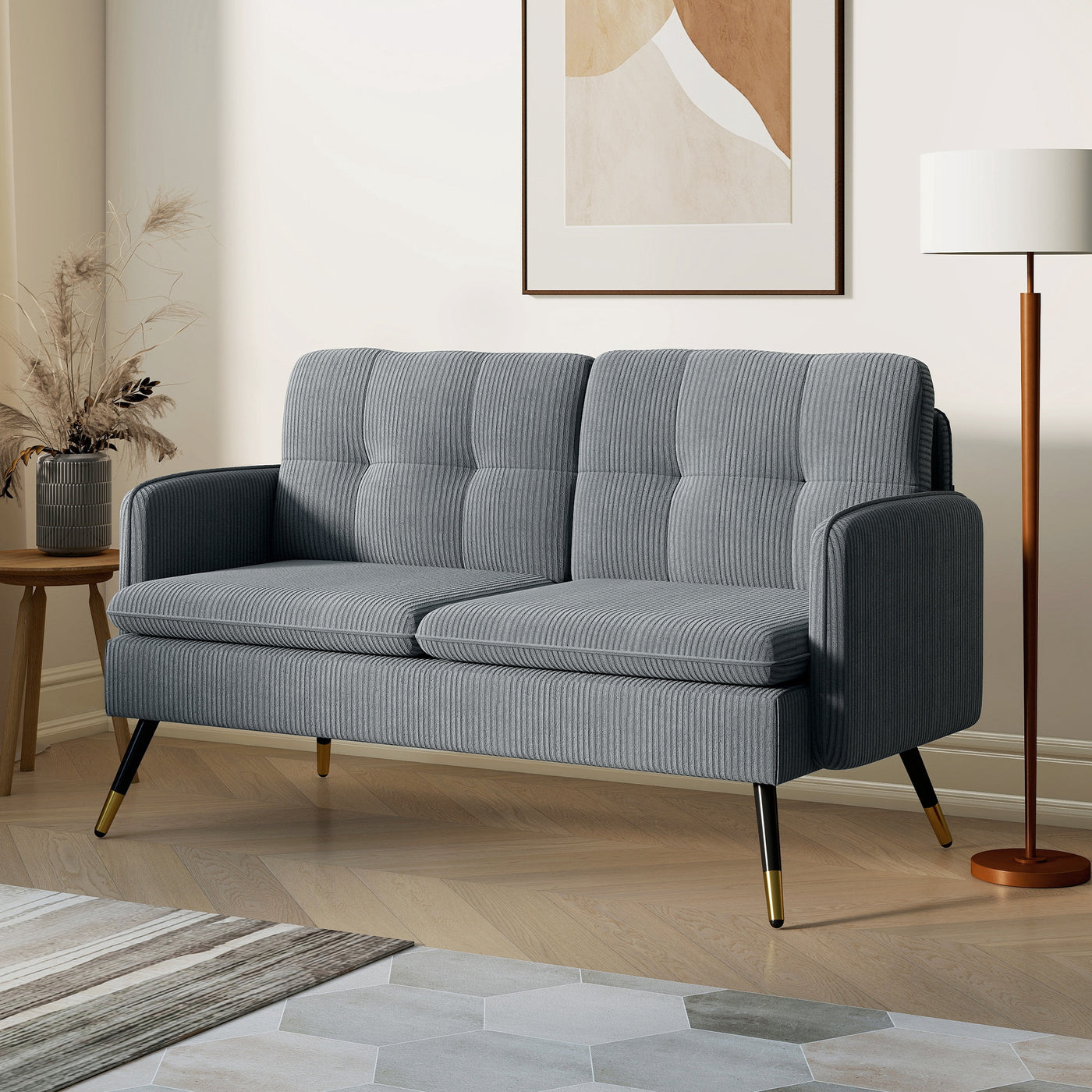 55" Loveseat Sofa, Corduroy Love Seat w/ S spring, Steel Legs and Button Tufting, Small Couch for Living Room, Dark Grey