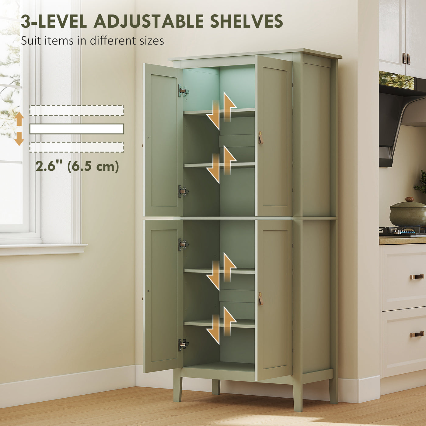 69.5" Tall Kitchen Pantry Storage Cabinet with Motion Sensor LED Light, Modern Kitchen Pantry Cabinet, Green