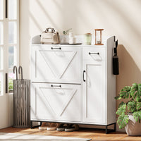 Farmhouse Shoe Storage Cabinet with Side Cabinet and Adjustable Shelves for Entryway, Hallway, Holds 12 Pairs, White