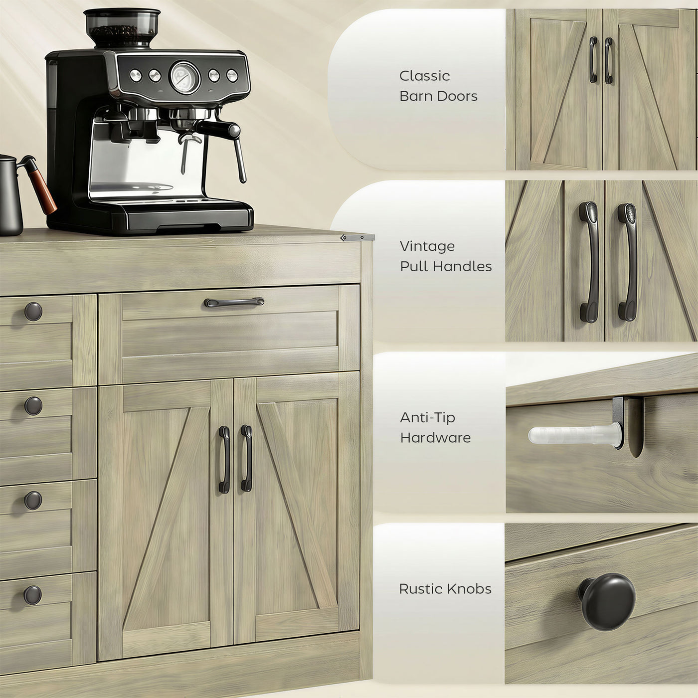 Sideboard Buffet Cabinet, 55" Farmhouse Kitchen Cabinet with 4 Barn Doors, 6 Drawers and 2 Adjustable Shelves, Grey