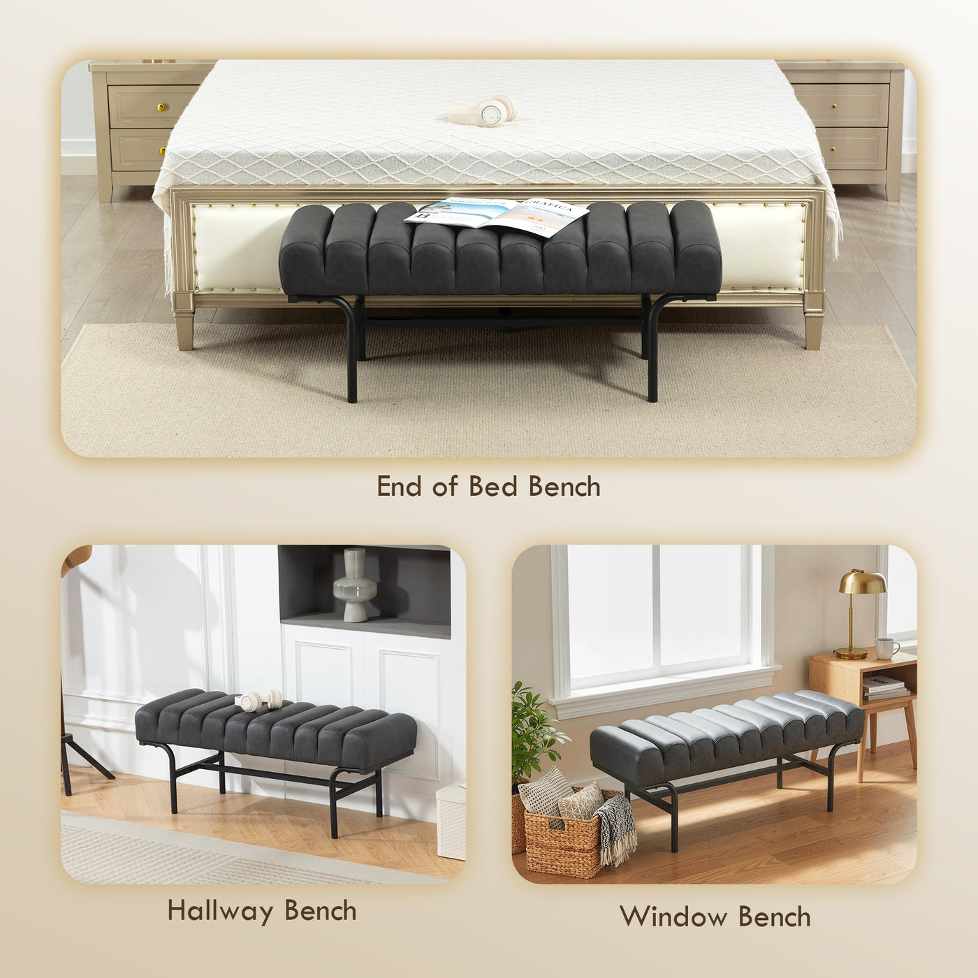 Bedroom Bench PU Leather End of Bed Bench with Cylindrical Seat and Metal Legs for Bedroom Living Room Hallway Black