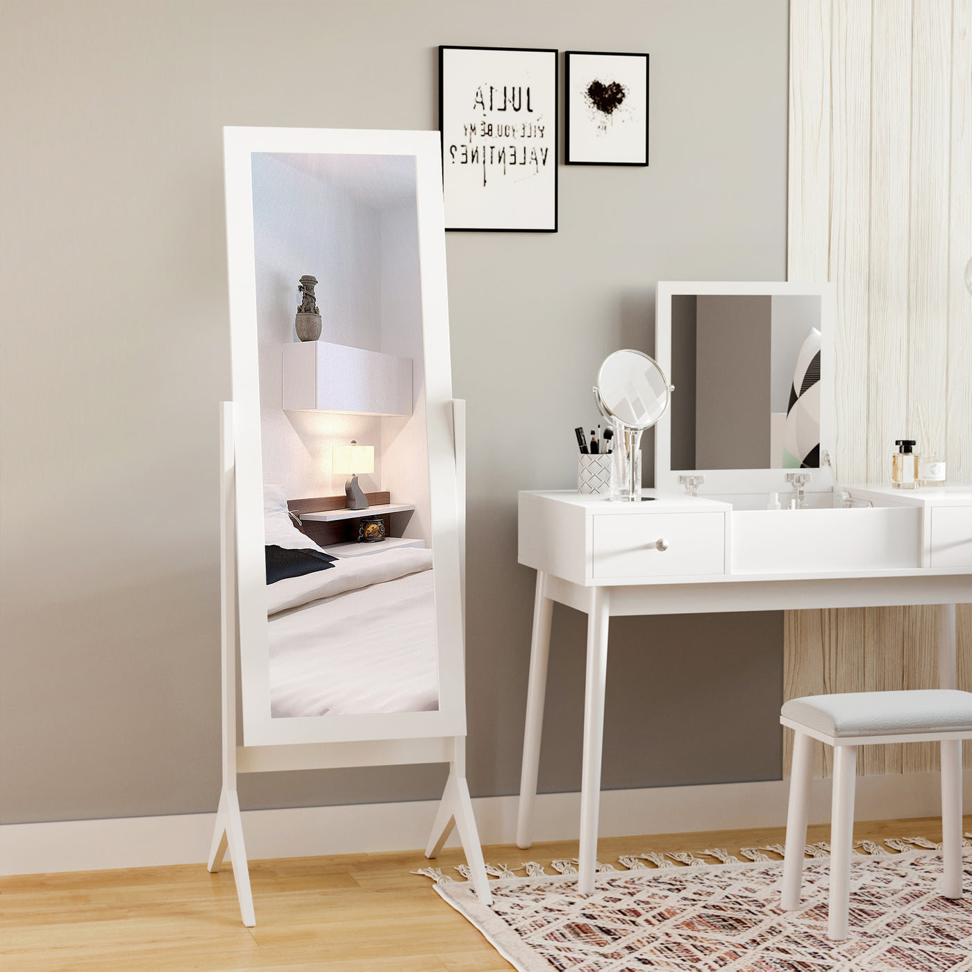 Full Length Mirror, Free Standing Full Body Mirror with Rectangular Frame, Adjustable Angle for Dressing Room, Bedroom, Living Room, White