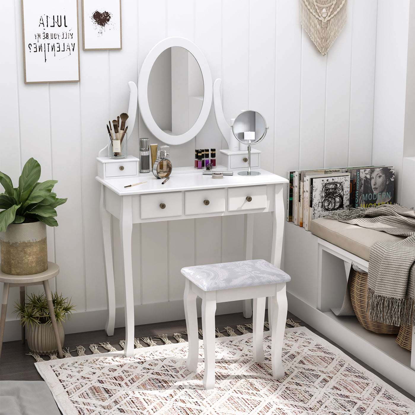 Wooden Vanity Table Set, Makeup Dressing Table with 360° Rotating, 5 Drawers and Padded Stool, White