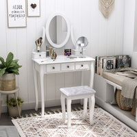 Wooden Vanity Table Set, Makeup Dressing Table with 360° Rotating, 5 Drawers and Padded Stool, White