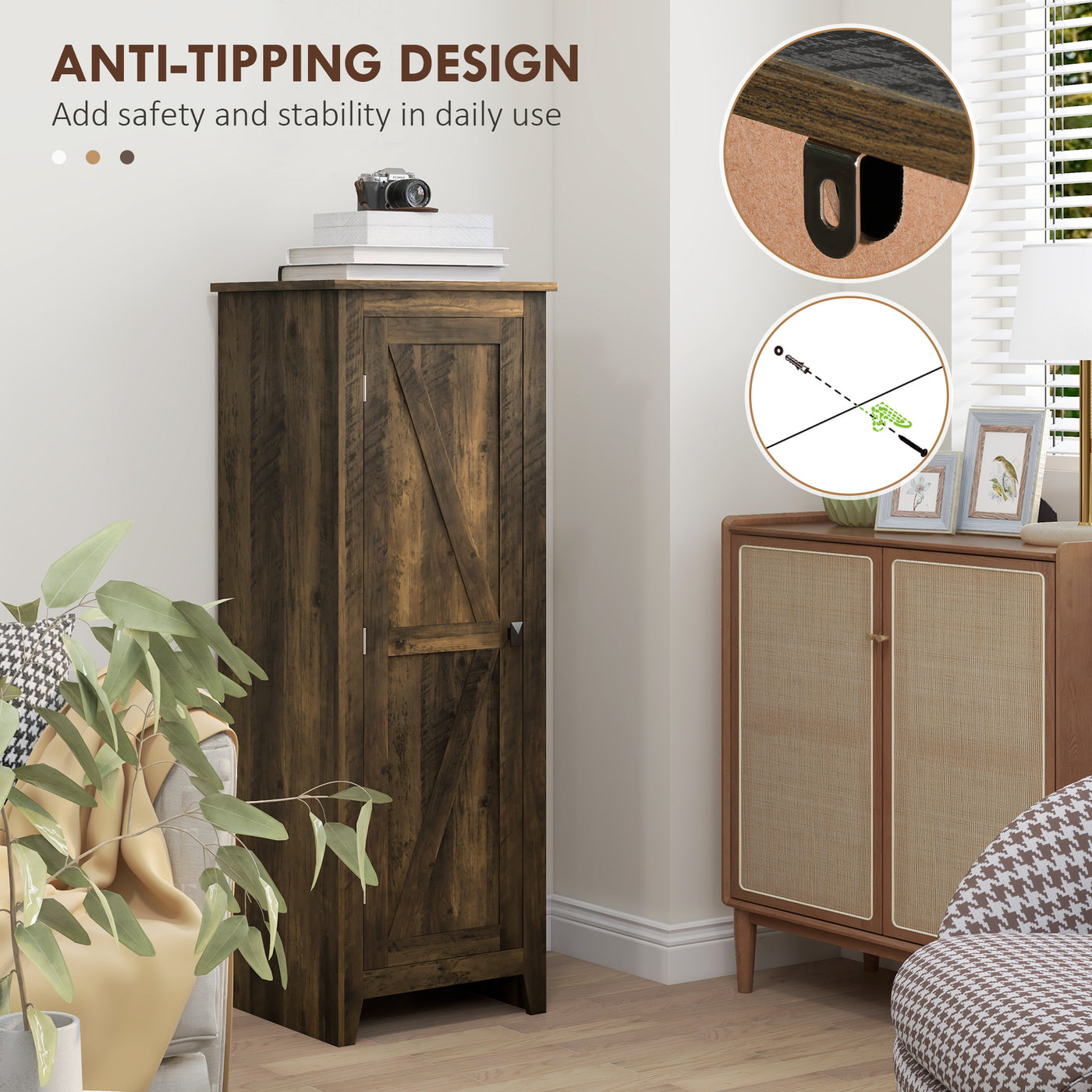 48" Farmhouse Kitchen Pantry Storage Cabinet with Barn Door, Kitchen Pantry Cabinet with Adjustable Shelves, Brown