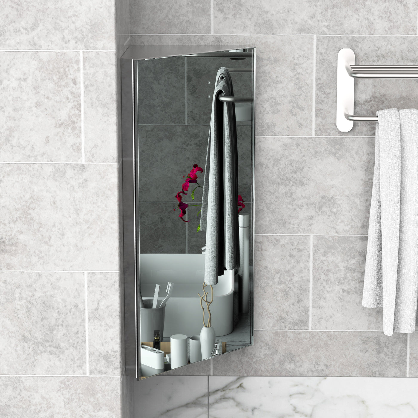 Wall mounted Bathroom Corner Mirror Storage Cabinet Stainless Steel with Single Door