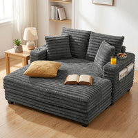 60" Chaise Lounge Chair, Oversized Upholstered Sofa Bed with Cup Holders & Pillows, Sleeper Couch for Living Room, Grey
