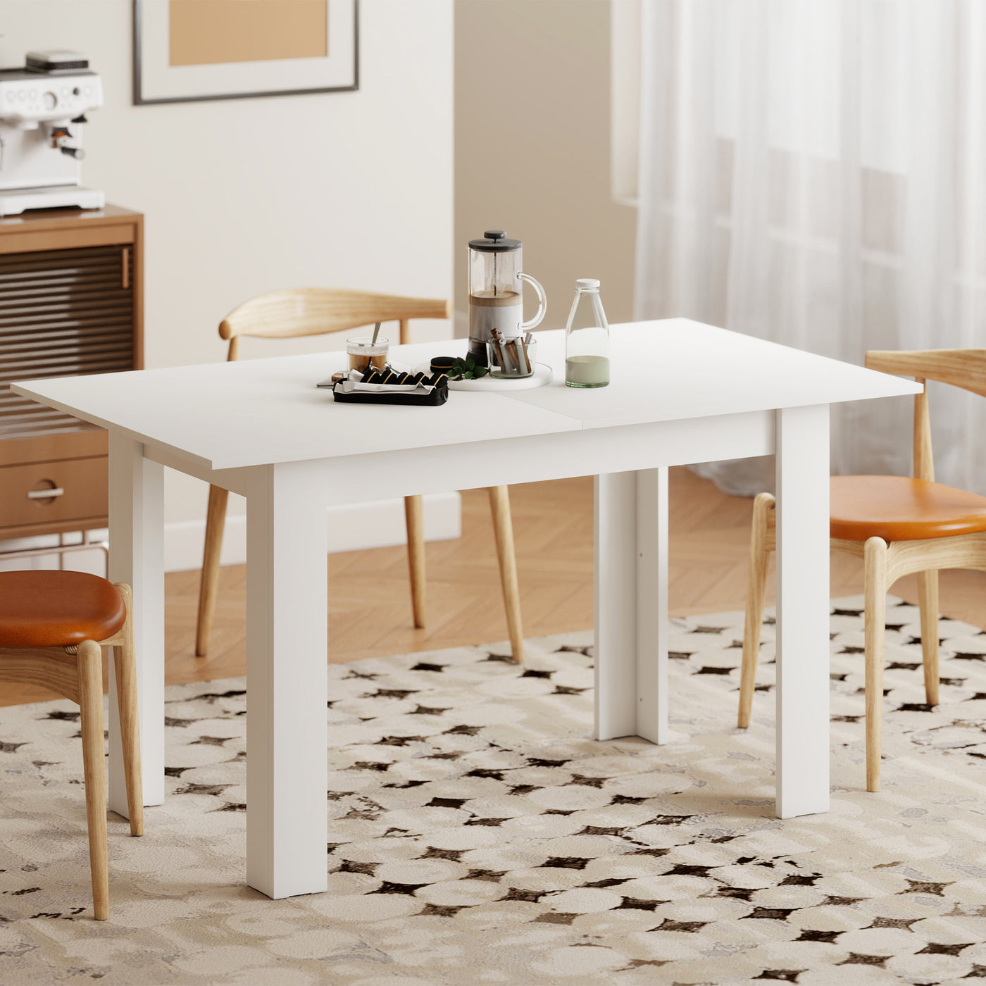 Modern Extendable Dining Table, 55.1 x 31.5 in, for 6-8 People, Expandable Dining Table for Kitchen, White