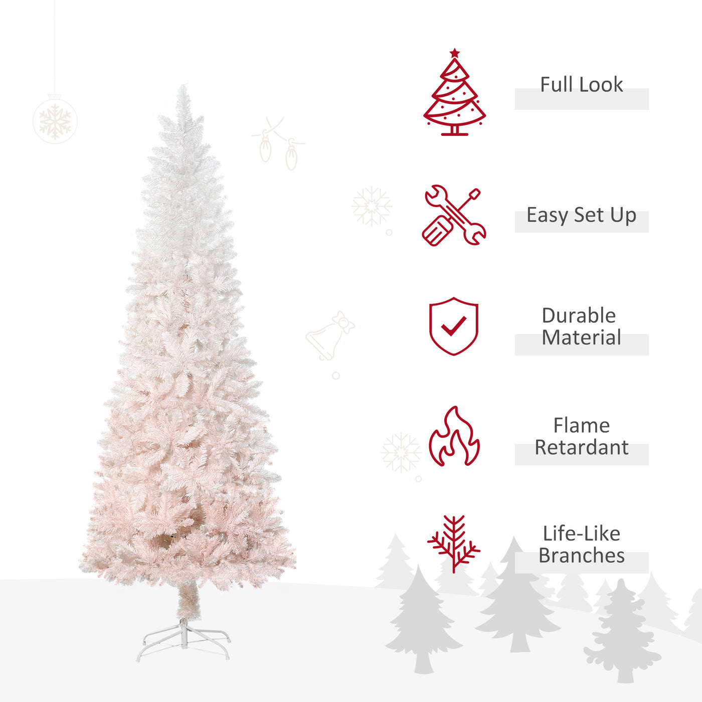 7ft Pencil Artificial Christmas Tree with Pine Realistic Branches, Auto Open, Pink and White