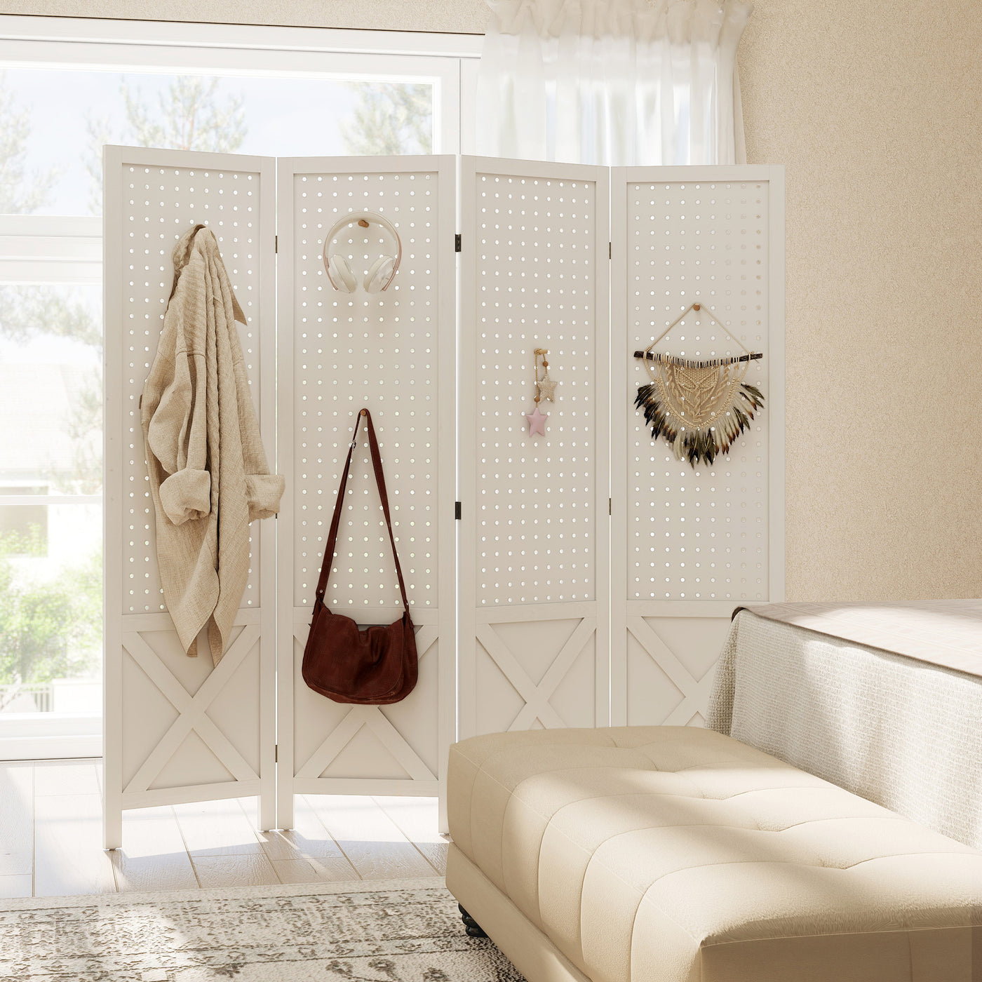56.9" 4 Panel Wooden Room Divider with Pegboard Display, Folding Privacy Screen for Home Office, White