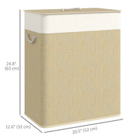 Double Laundry Basket with Lid, 100L Bamboo Laundry Hamper with Rope Handles and Removable Bags, Natural