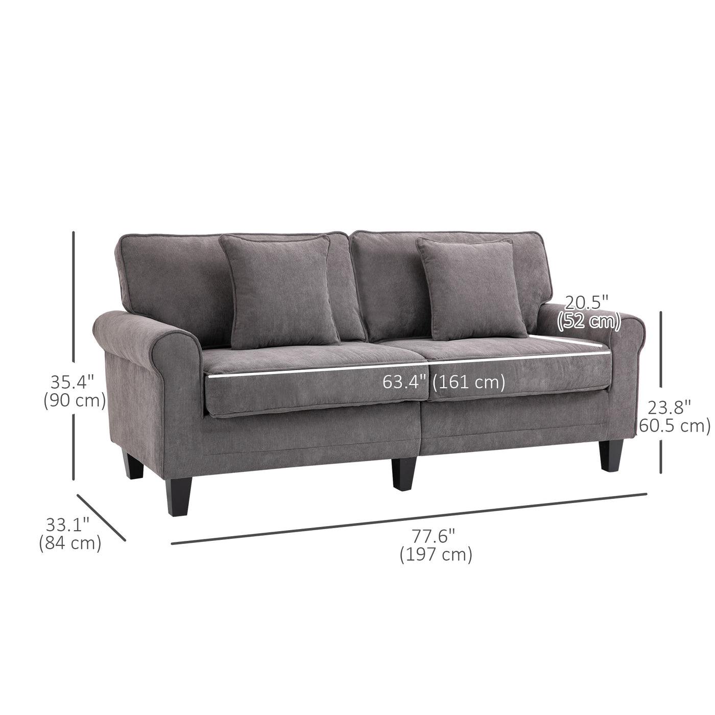 Modern 3 Seater Sofa, Corduroy Fabric 3 Seater Couch with Pine Wood Legs and Rolled Armrests for Living Room, Light Grey