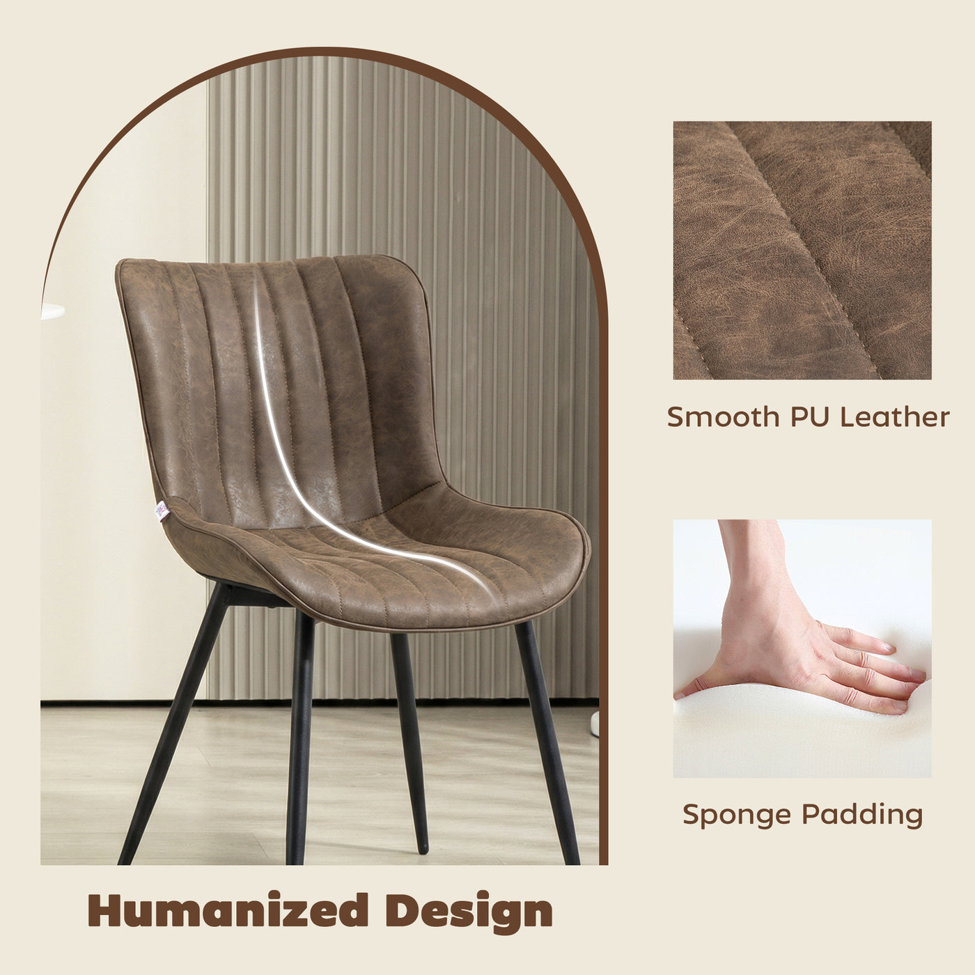 Dining Chairs Set of 4, PU Leather Upholstered Kitchen Chairs with Backrest and Steel Legs for Dining Room, Brown