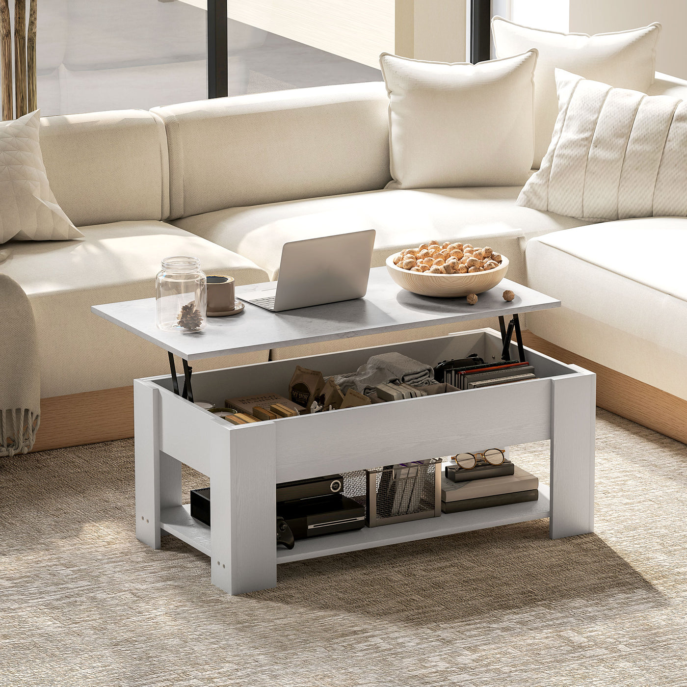 Lift Top Coffee Table with Hidden Storage Compartment and Open Shelf, Center Table for Living Room, White