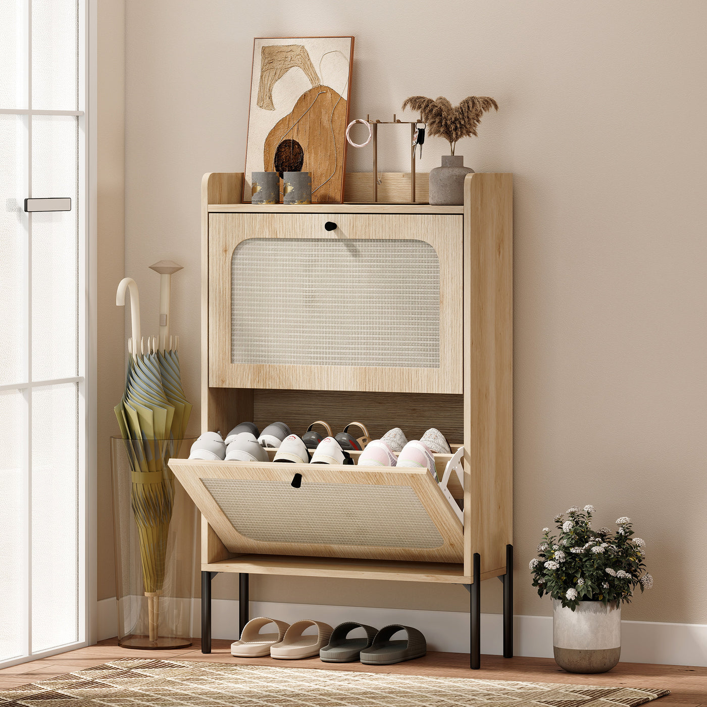 Shoe Cabinet with 2 Flip Drawers, Boho Narrow Shoe Storage Cabinet, Oak