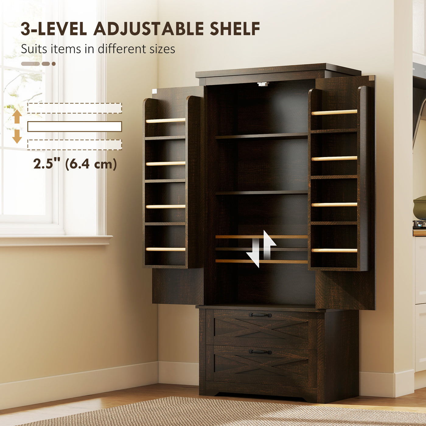 Farmhouse Kitchen Pantry Storage Cabinet, 64" Freestanding Kitchen Pantry Cabinet with Drawers, Distressed Dark Brown