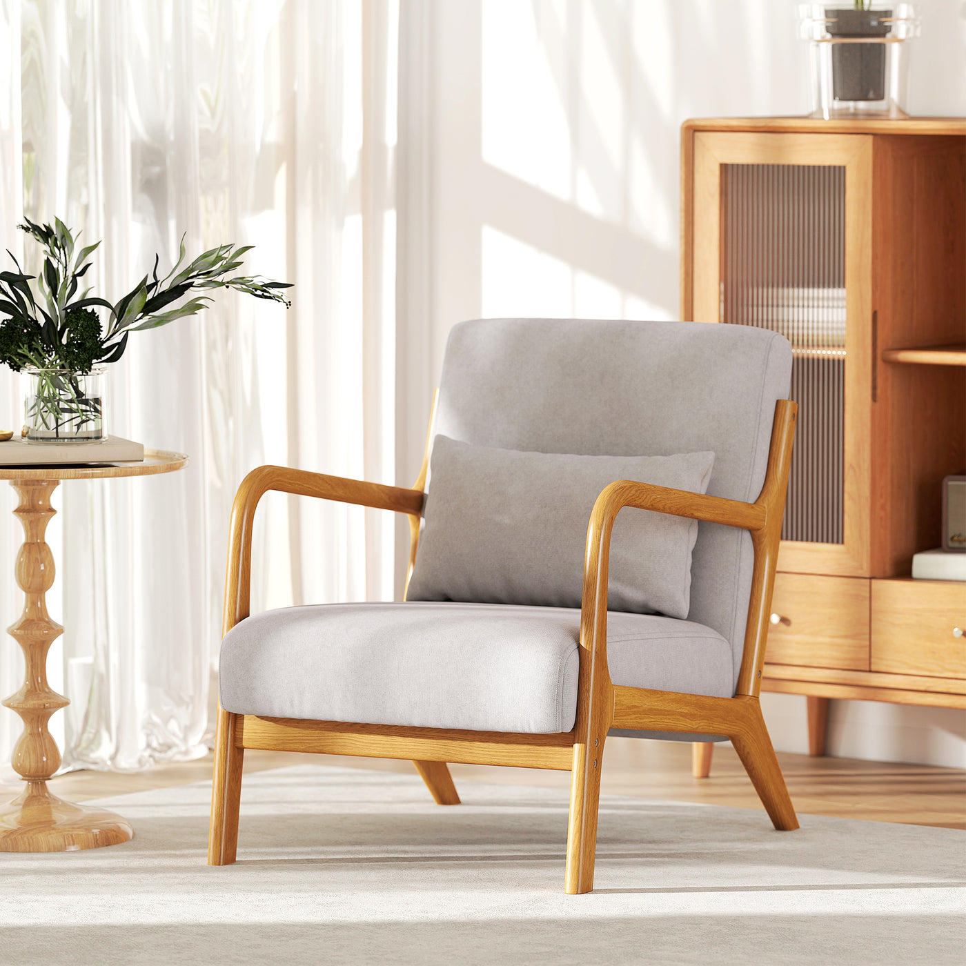 Fabric Lounge Chair, Velvet Armchair, Retro Accent Chair with Wood Legs and Thick Padding for Bedroom, Grey