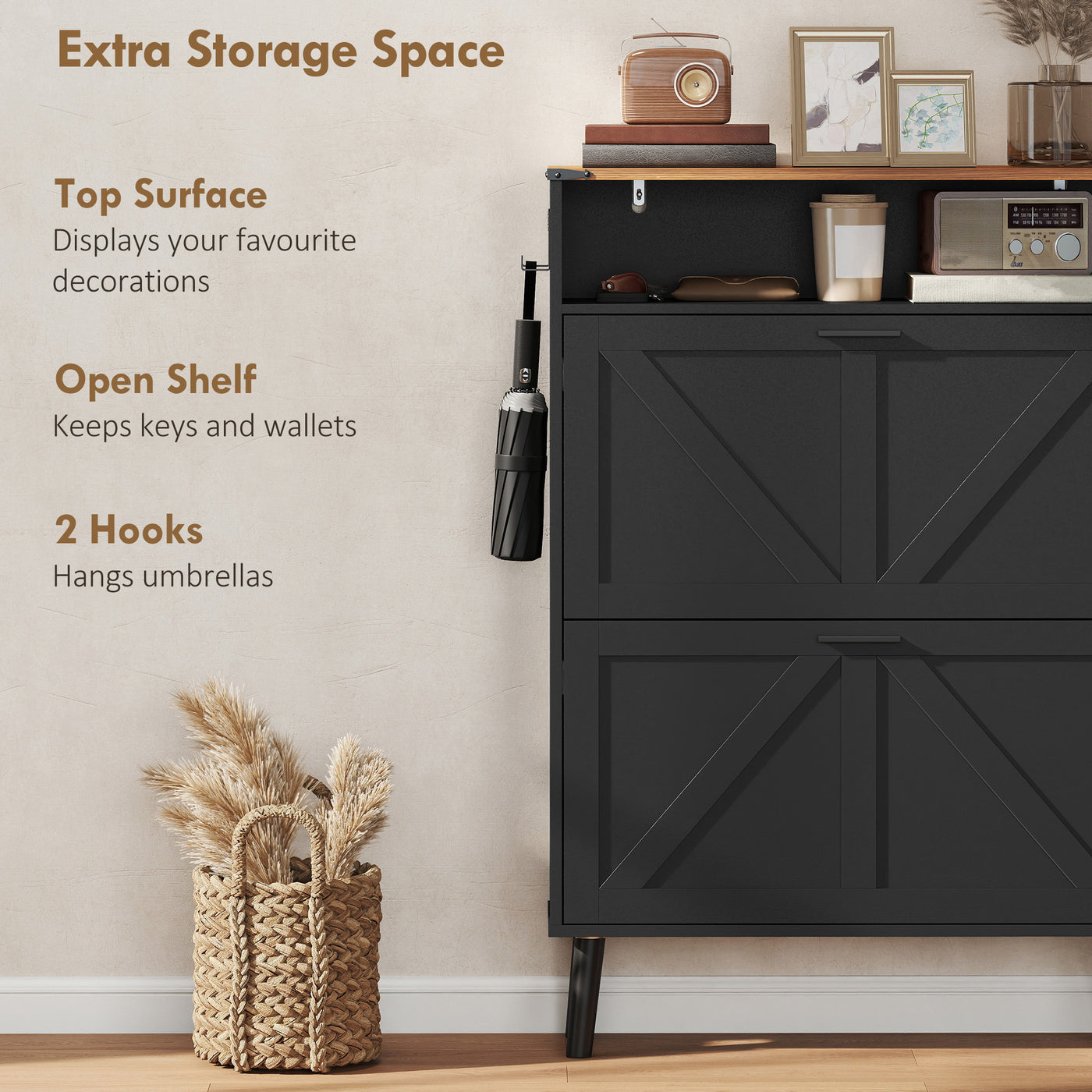 Shoe Storage Cabinet with 2 Flip Drawers, Farmhouse Narrow Shoe Cabinet, Holds Up to 16 Pairs, Black