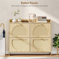 4 Flip-Drawer Shoe Cabinet, Shoe Storage Cabinet with Rattan Doors and Adjustable Shelves, Holds 16 Pairs, Natural