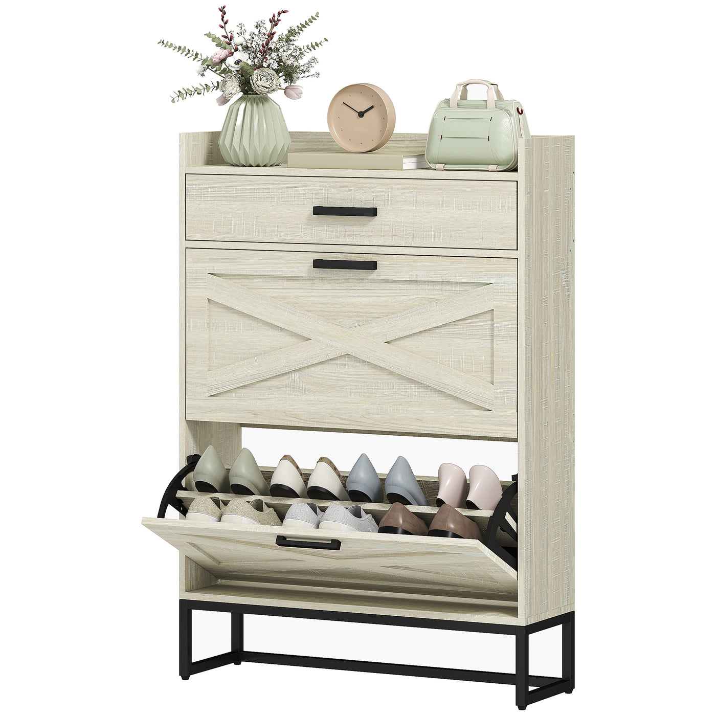 Slim Shoe Storage with 2 Flip Drawers and Adjustable Shelves Shoe Cabinet Organizer for 12 Pair, Distressed White